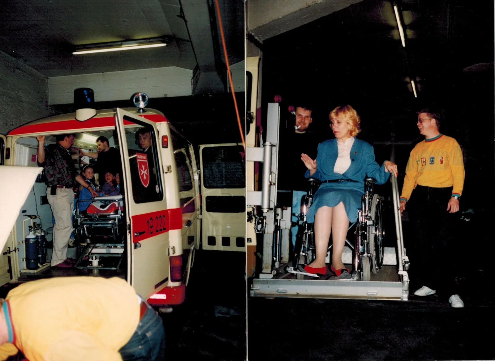 Archivcollage mit einem Fahrzeug, Menschen und einem Rollstuhl